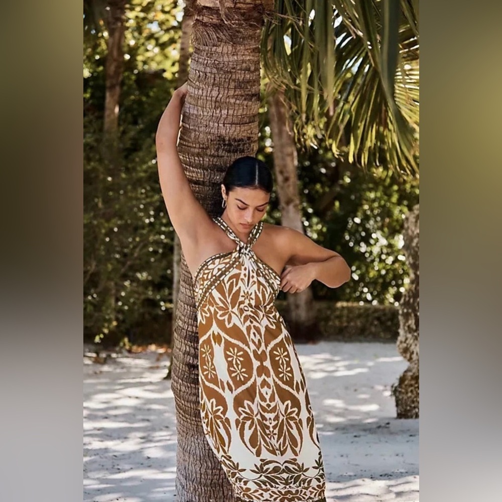 Anthropologie vineet bahl m printed maxi halter dress tropical brown boho